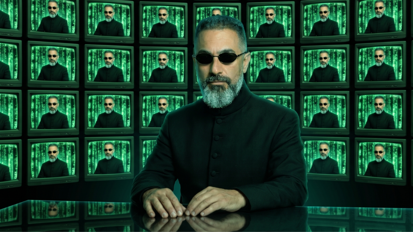 Carlos Mór diante de um painel de monitores